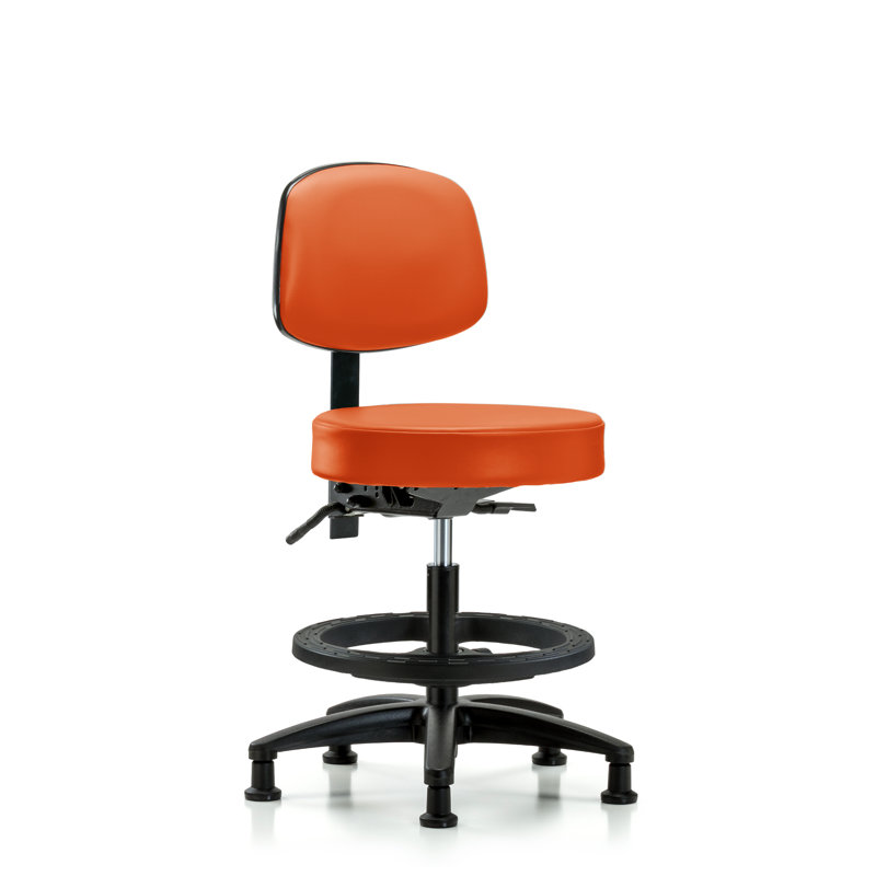 Saige Backed Adjustable Height Ergonomic Lab Stool with Footring and Wheels, Glides, Orange