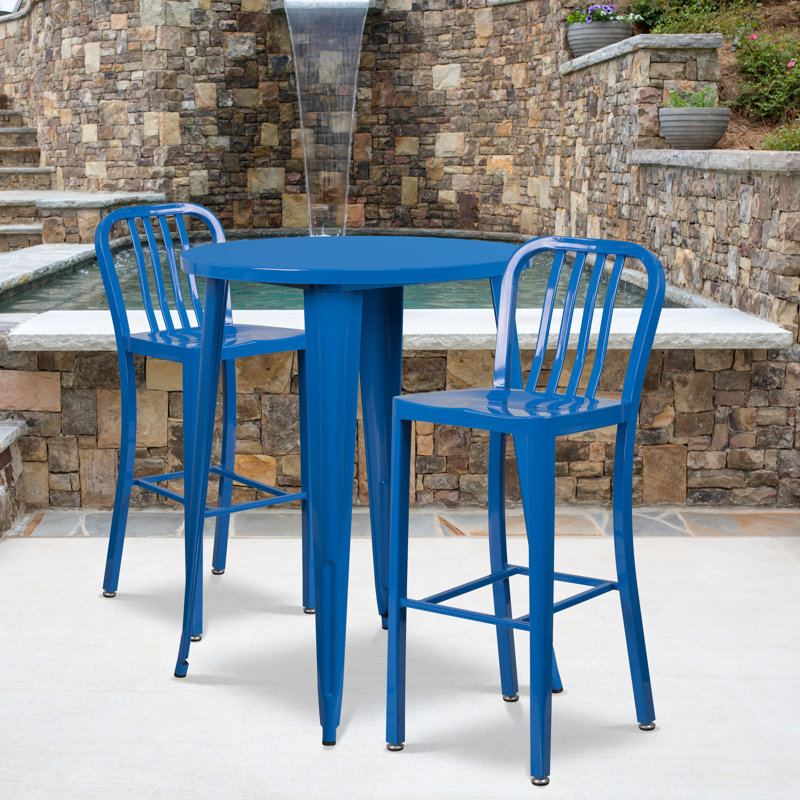 Drumfane 30'' Round Metal Indoor-Outdoor Bar Table Set with 2 Vertical Slat Back Stools, Blue, 30'' x 30'' x 41''