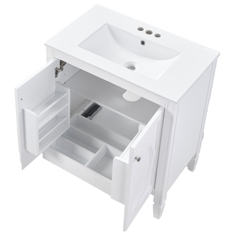Meuble-lavabo blanc de 30 po sans assemblage requis avec lavabo en céramique, deux portes à fermeture en douceur et tablette réglable, style campagne moderne