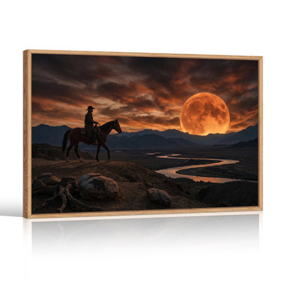 Western Cowboy sur cheval avec lune orange géante sur toile