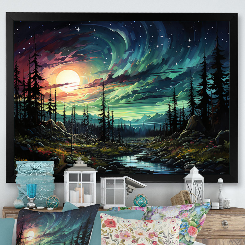 Aurora Borealis Emerald Embers I, reproduction d'art sur toile, H 16 po x l 32 po x P 1 po, Cadre photo noir