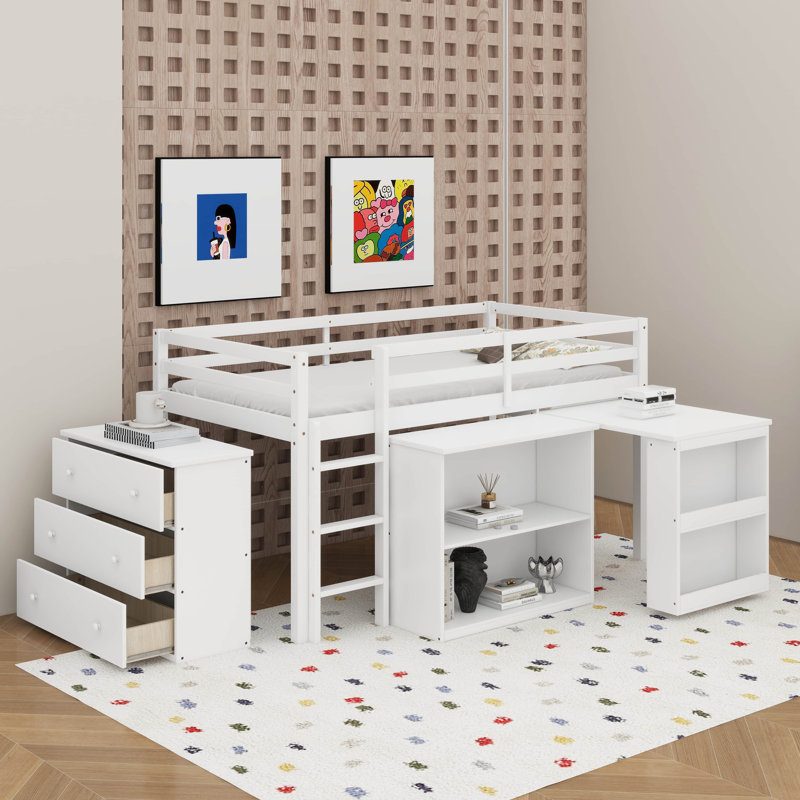 Lit mezzanine simple avec armoire à tiroirs, armoire à tablettes et bureau à tiroirs, Blanc