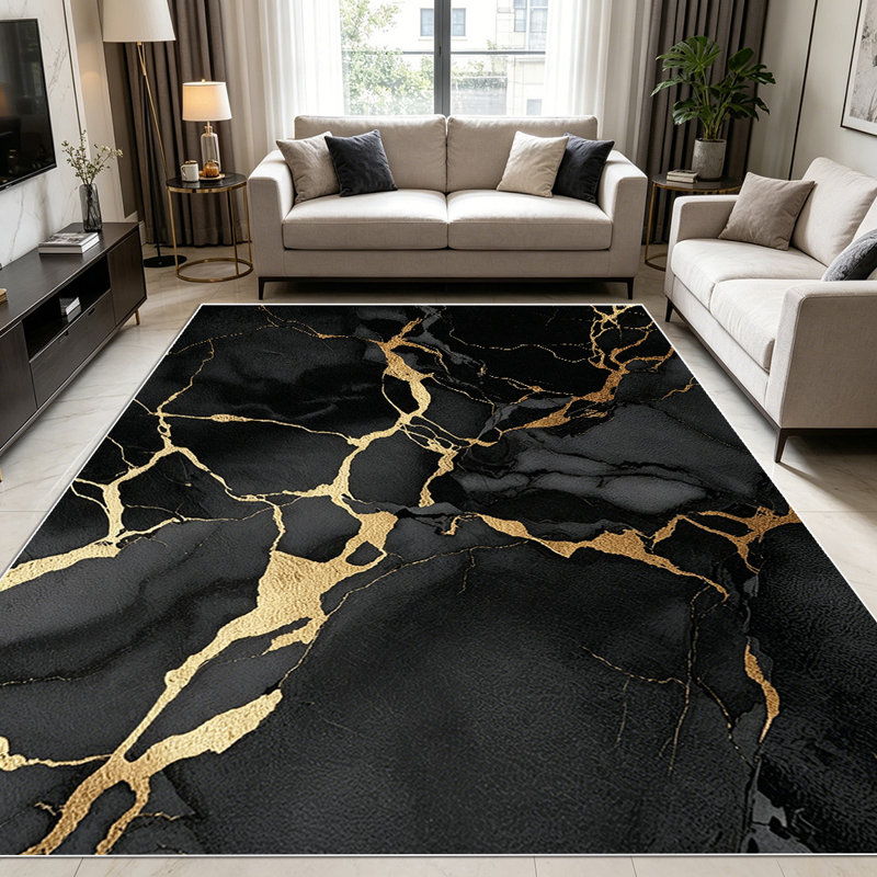 1PC Black Gold Marble Pattern area rugs for Living Room, Soft and Comfortable, Suitable for all seasons, easy-to-maintain, machine washable Indoor floor mat, Under Table Farmhouse suitable for dining room, bedroom, kitchen, entryway, home office,