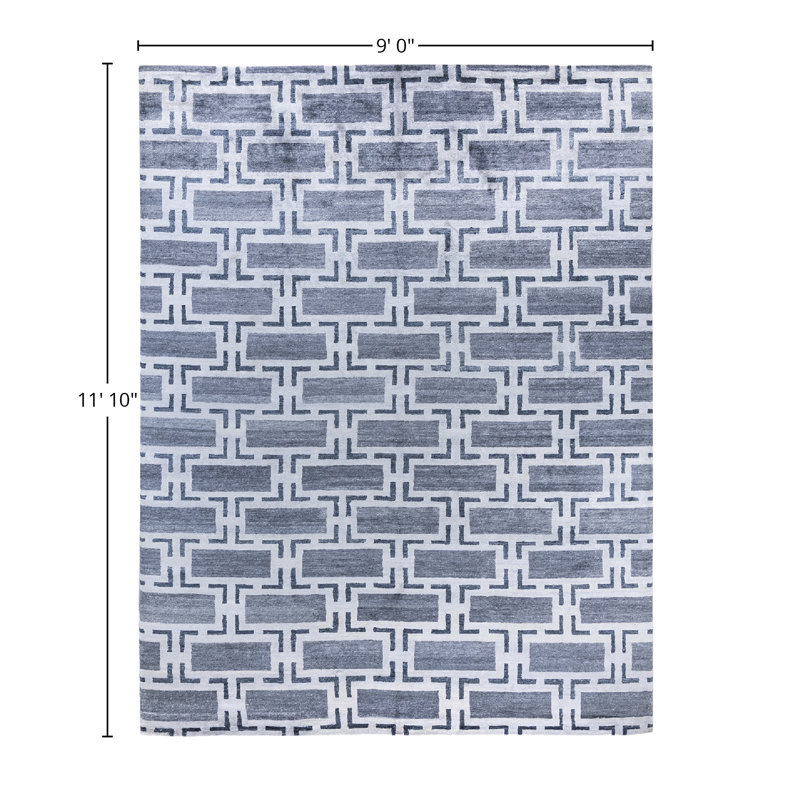 Tapis moderne noué à la main de conception unique - bleu, 9 pi 0 po x 11 pi 10 po Modern