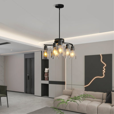 6-Light Modern Farmhouse Black Chandelier, Contemporary Dining Room Light Fixture, Adjustable Height Hanging Industrial Pendant Lights Kitchen Island, Clear Glass Shade
