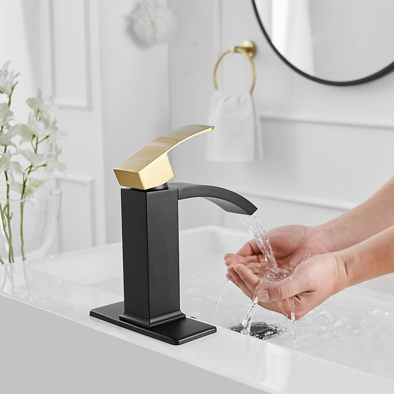 Waterfall Single Hole Single-Handle Low-Arc Bathroom Sink Faucet, Black Gold