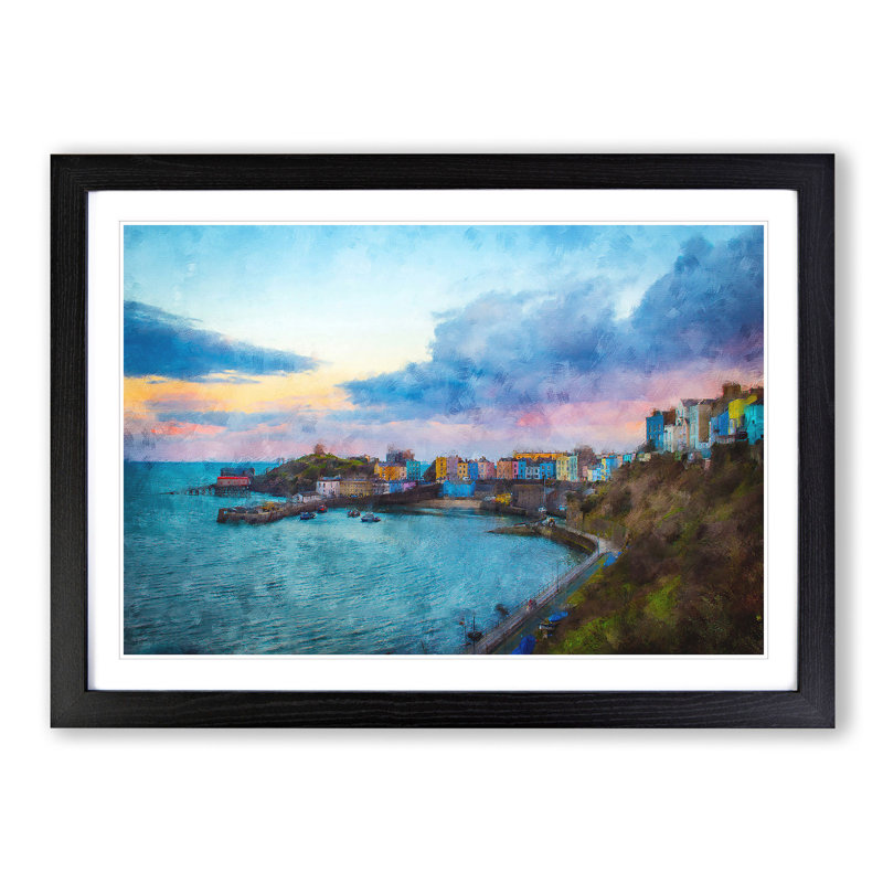 Tenby Harbour in Pembrokeshire Wales - Picture Frame Painting Print on MDF, Black, 45cm H x 63cm W x 2cm D