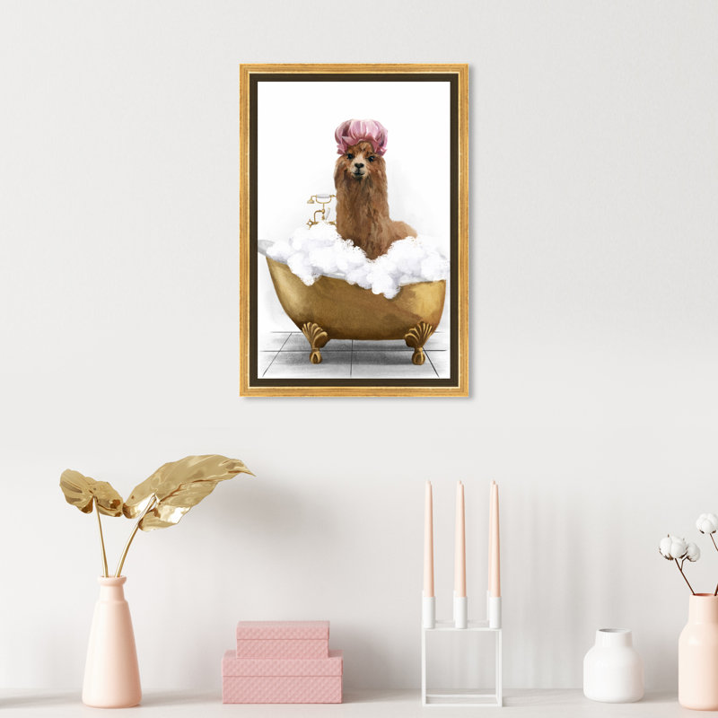 Bathtub Llama - Print on Canvas, Gold Framed, 15" H x 10" W x 1.5" D