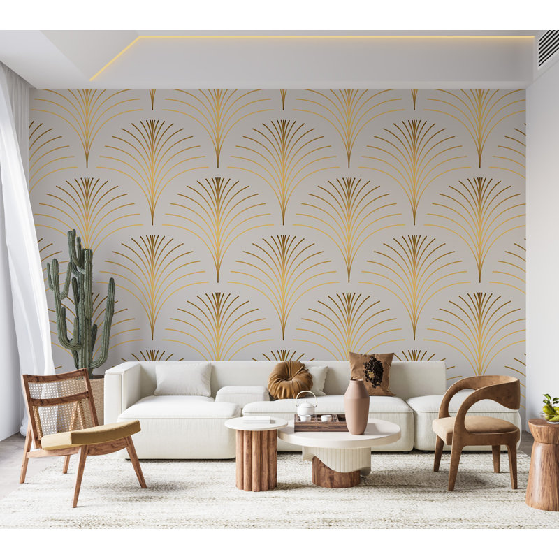 Murale abstraite pelez et collez - Motif linéaire doré, L 100 po x l 135 po