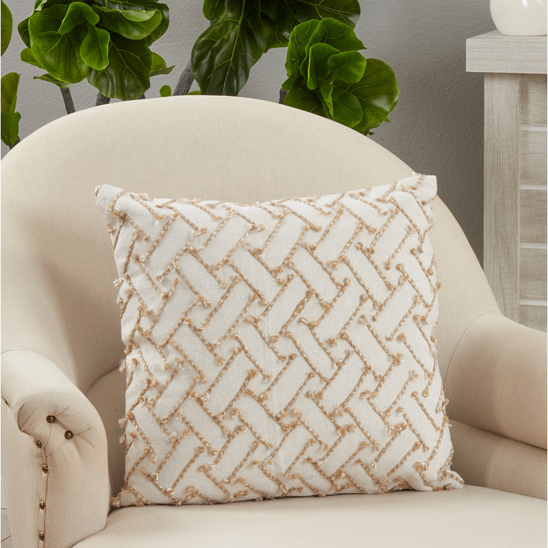 White Square Embroidered Down Filled Throw Pillow