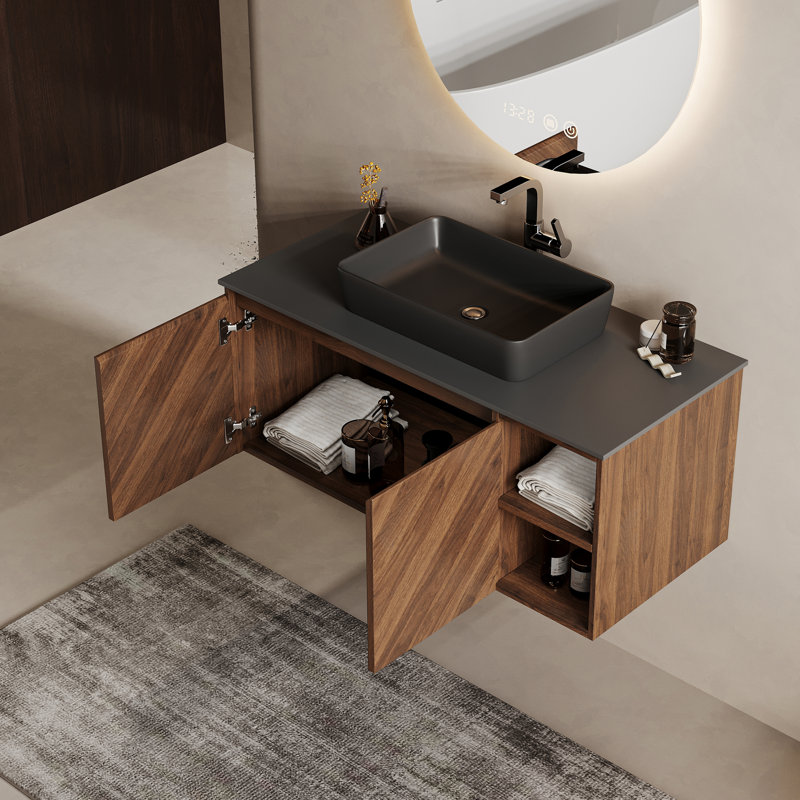 36" Wall-Mounted Brown Wood Bathroom Vanity with Black Ceramic Sink, Pre-Drilled Single-Hole Faucet Hole, Pop-Up Drain & P-Trap Included