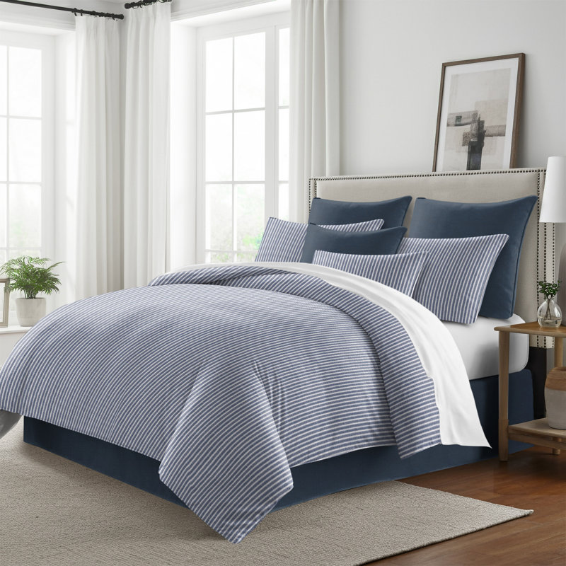Walker Ticking Stripe Indigo/White Cotton Comforter Set, Super King Comforter + 2 King Shams