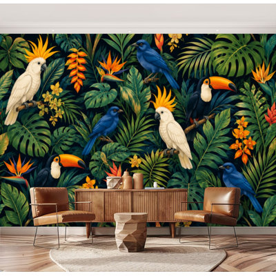 Papier peint adhésif peler et coller sans soudure, arbres exotiques, perroquets, oiseaux, toucans, papier autocollant amovible, décoration murale pour le salon, chambre à coucher H 69 po x l 96 po