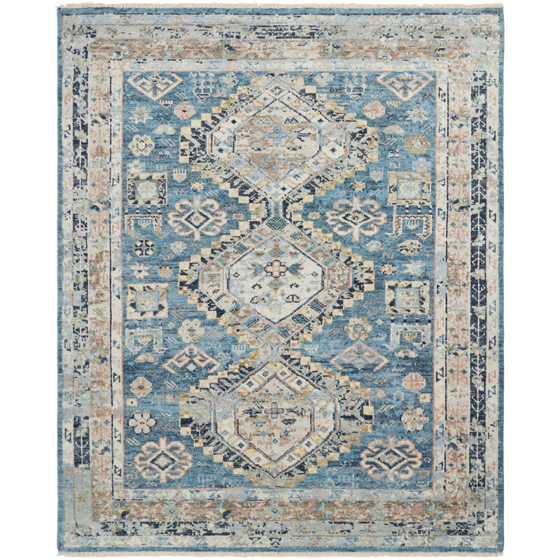 Tapis en laine Pepa, Bleu / beige, Rectangle 6 pi x 9 pi