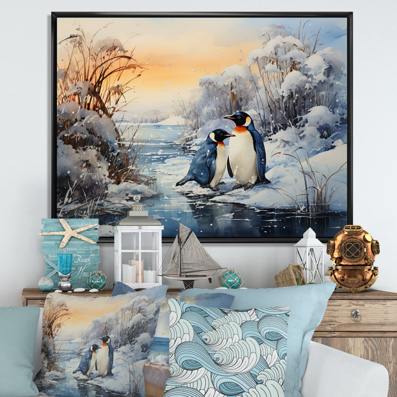 Penguins Winter Symphony sur toile, Cadre flottant noir, H 24 po x l 32 po x P 1 po