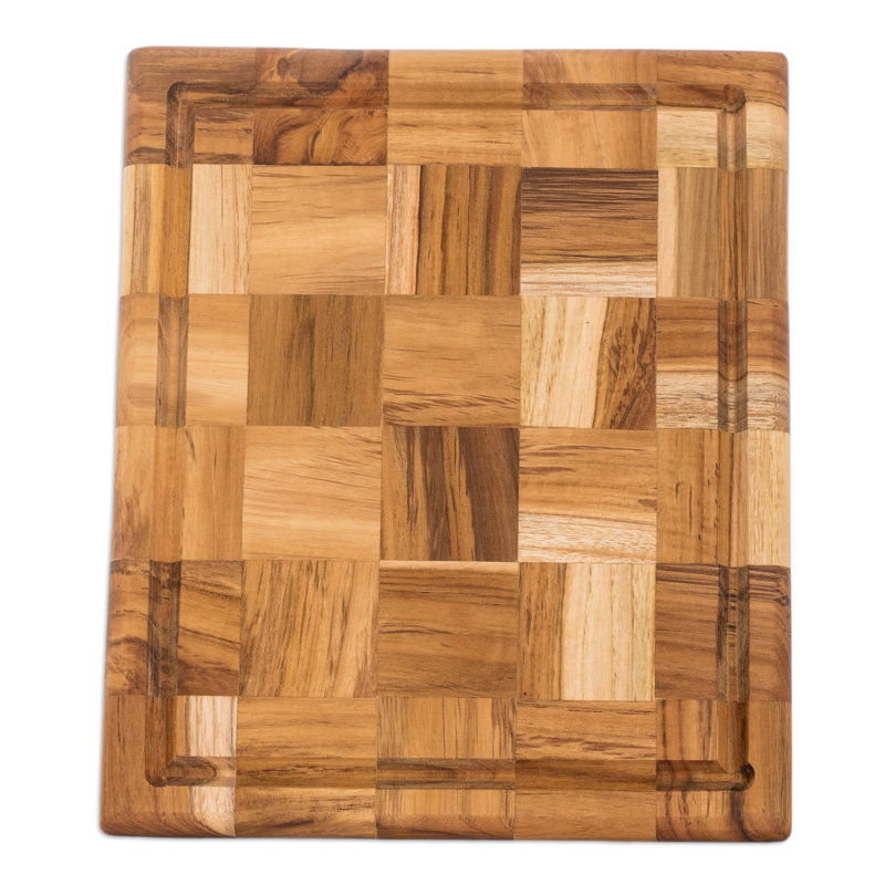 Rectangular Mosaic Teak Wood Cutting Board with Inlay Accents
