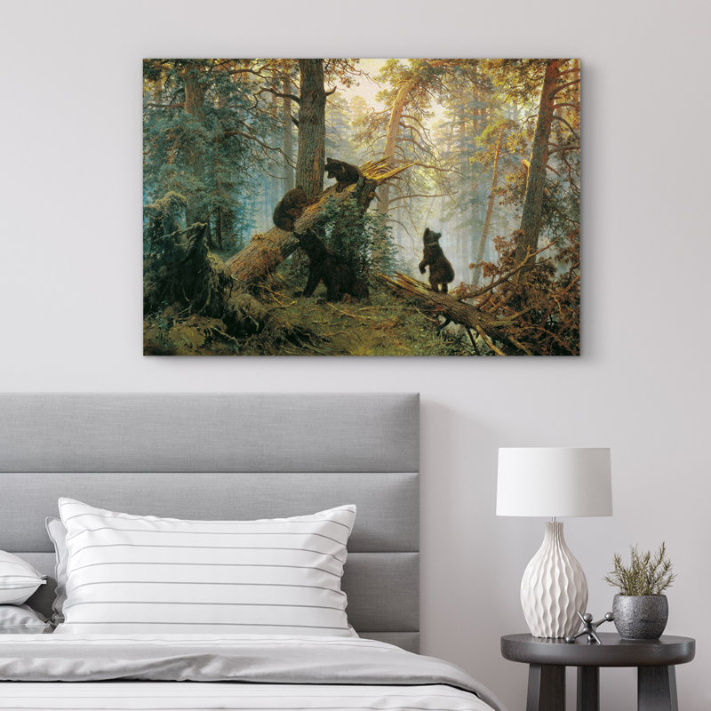 Morning in Pine Forest Canvas Art with Black Bears