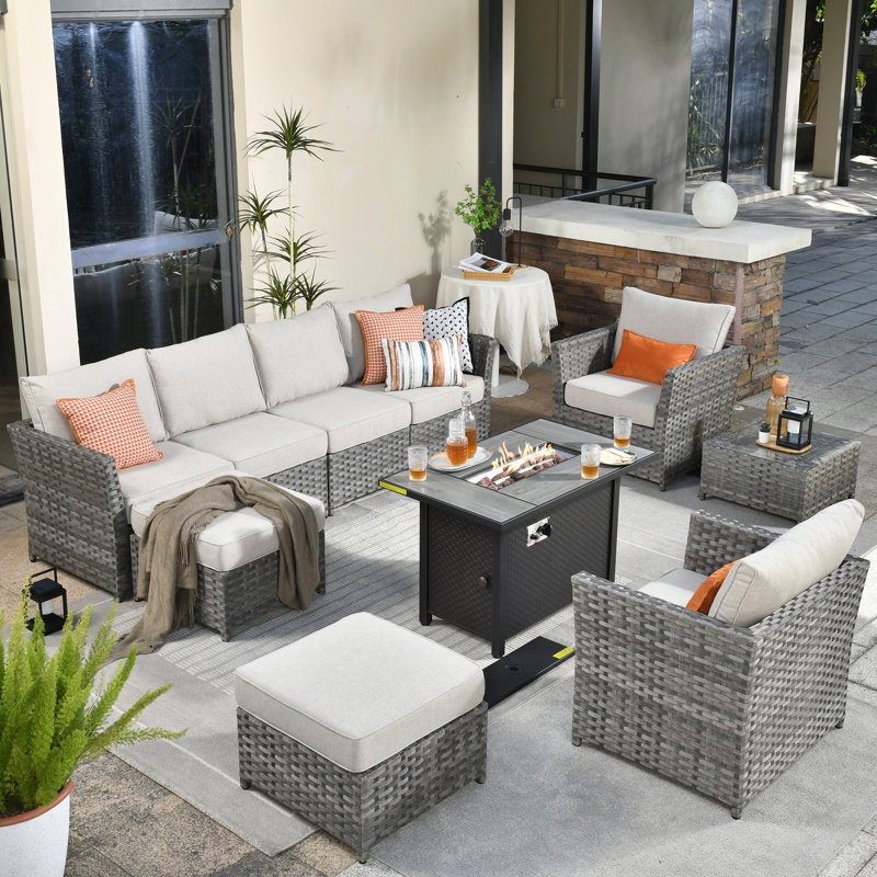 Belby Premium All-Weather Wicker 8 - Person Modular Patio Conversation Set with Cushions, Ivory