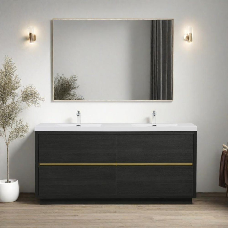 Meuble-lavabo autoportant de 72 po avec lavabo en pierre et armoire de rangement