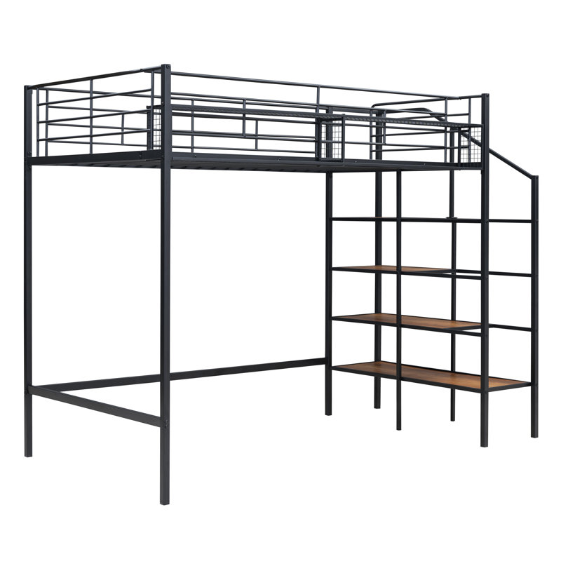 Lit mezzanine simple en métal avec grille de rangement supérieure et échelle de rangement latérale, Blanc