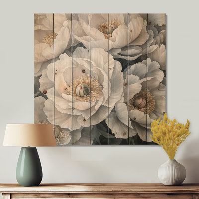 Frosted Monochrome Peonies Flowers III - Peonies Wood Wall Art - On Natural Pine Wood