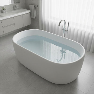 CASAINC 51" Freestanding Bathtub Resin Stone Soaking Bathtub Solid Surface Modern Tubs with Overflow and Pop-up Drain in White