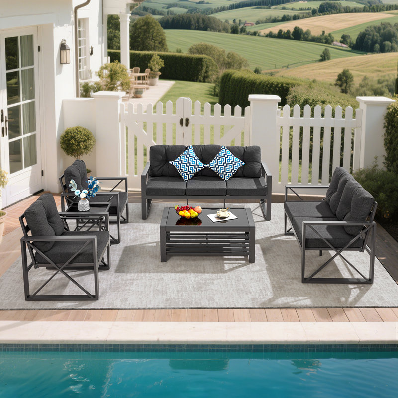 6 Pieces Metal Patio Furniture Set, Outdoor Seating Furniture With Loveseat Ideal For Indoor Porch Deck Bistro Lawn Garden Backyard Poolside