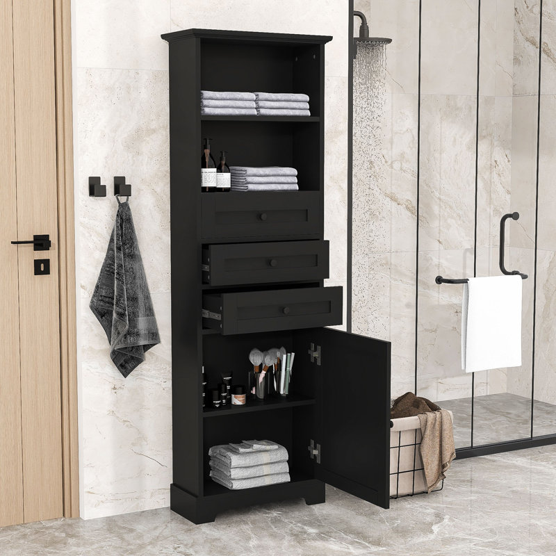 Flanning Freestanding Bathroom Cabinet, Tall Storage Cabinet with Drawers and Adjustable Shelves, Black