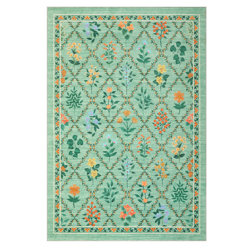 Rugs for Living RoomMachine Washable Area Rugs Non-SlipVintage Floral Rug Bedroom Rug for Dorm Playroom Foyer Entryway, Green