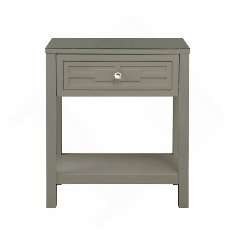 Table de chevet 23 po en bois taupe avec plateau en verre et tiroir