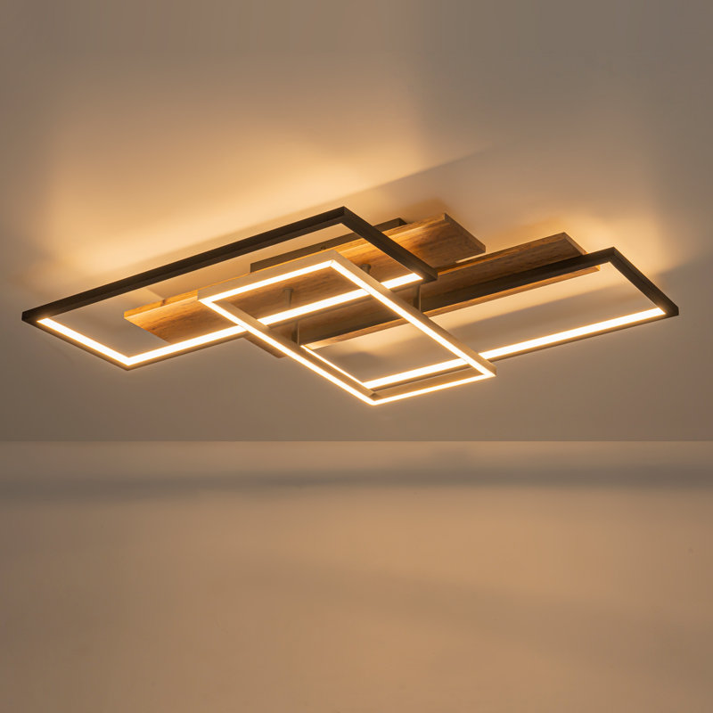 Plafonnier encastré géométrique moderne à 3 lumières Modern Farmhouse - 26,7 po à DEL intégré en métal noir et bois pour salon / cuisine dans la chambre à coucher - blanc chaud 3000K à intensité variable 2400LM