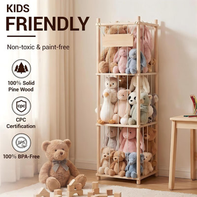 Organisateur de jouets en peluche pour enfants avec rangement pour animaux en peluche, porte-peluche en bois massif à 3 niveaux de H 53,15 po, sans BPA et colle zéro, certifié PCC et CTI, solution d'angle pour salle de jeux et chambre de bébé