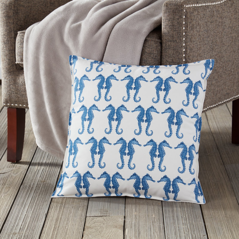 Blue Seahorse Cotton Canvas 20-Inch Square Throw Pillow