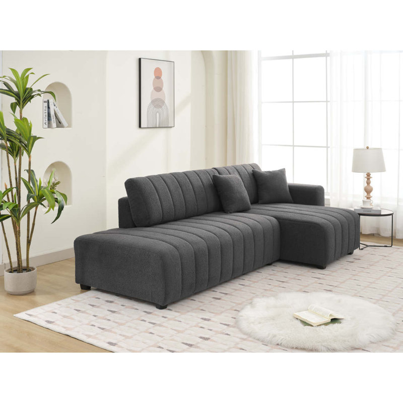 Canapé d'angle capitonné en forme de L scandinave d'inspiration moelleuse avec coussins décoratifs, Gris foncé