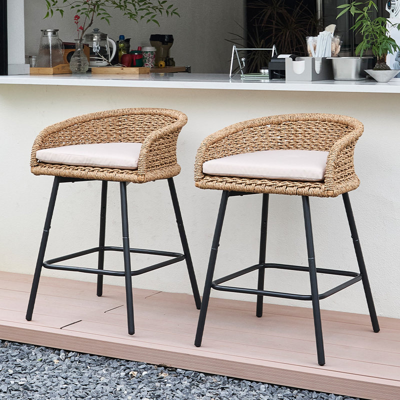 Carvin Outdoor Counter Height Bar Stools Set of 2, PE Rattan Patio Bar Chairs with Removable Cushions for Garden, Poolside, Lawn & Backyard