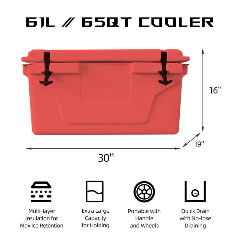 Red Outdoor Camping Picnic Fishing Portable Cooler 65QT Portable Insulated Cooler Box