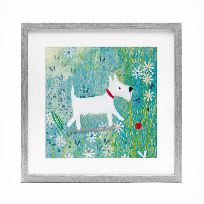 «Little White Scottie», reproduction sous verre encadrée par Clare Tupper, H 16 po x l 16 po, Cadre de ferme gris