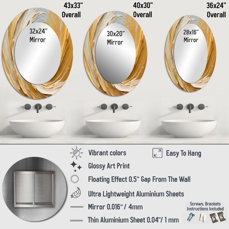 Gold Cream Infinite Swirls II - Miroir décoratif ovale abstrait sur métal, 36 po x 24 po