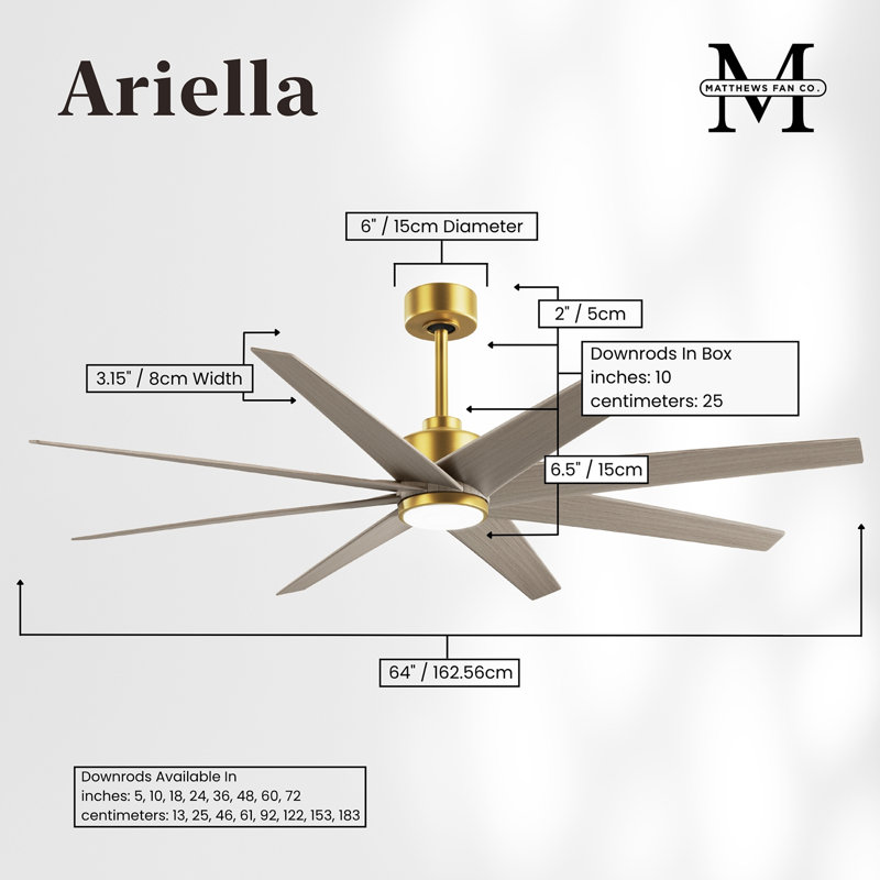 Ariella - Eight Blade Ceiling Fan - Integrated LED - Matte Black Finish - Matte White Blades, Gray Ash Tone, Brushed Brass