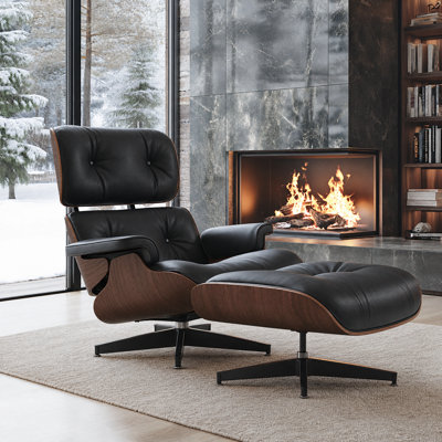 Mid Century Genuine Leather Recliner Lounge Chair with Ottoman and Solid Wood Frame for Living Room, Study Room, Guest Room 