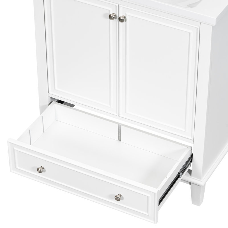 Base de meuble-lavabo de 30 po seulement - Blanc, style moderne avec portes et tiroir, bois massif et planche, tablette réglable, base blanche à assemblage requis, tiroir d'armoire pour le rangement,