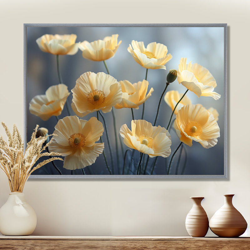 Jaune, gris, coquelicots, magie, merveille I - coquelicots, art mural, Toile argentée avec cadre flottant