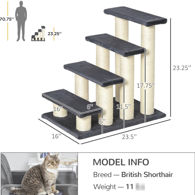 Tour d'intérieur pour chat, grise, 4 avec poteau à griffes pour les chats et les chiens afin de créer une aire de jeux grise 4 marches, jeu d'escalade