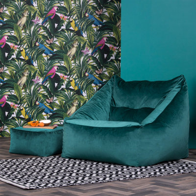 Bean Bag Bazaar Natalia Velvet Armchair Bean Bag and Square Footstool