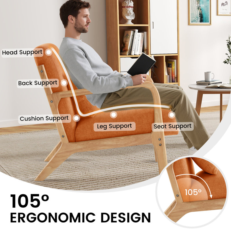 Accent Chair with Pillow Upholstered Mid-Century Chair Living Room Chair for Small Space Solid Wood Frame Reading Chair with Soft and Thick Cushion Armchair for Bedroom Balcony Orange