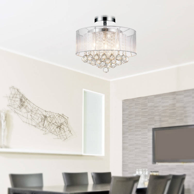 16-Inch 6 Light Flush Mount Crystal Chandelier – Compact Ceiling Light Fixture with Sparkling White Crystal Shades for Small Spaces