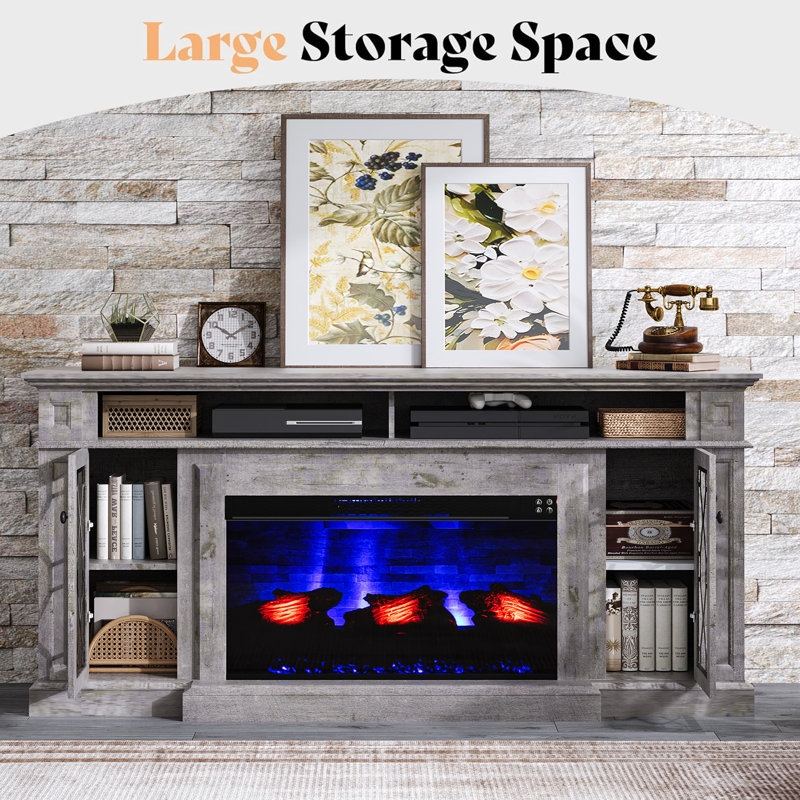 Keating 70" W TV Stand with 33" Electric Fireplace and Diamond Doors, Gray