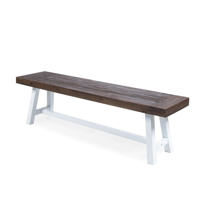 Dark Brown Sandblast Finish Wood Bench, White Rustic Metal Frame, 63" In Length For Outdoor Seating Frame , Long Arrangement