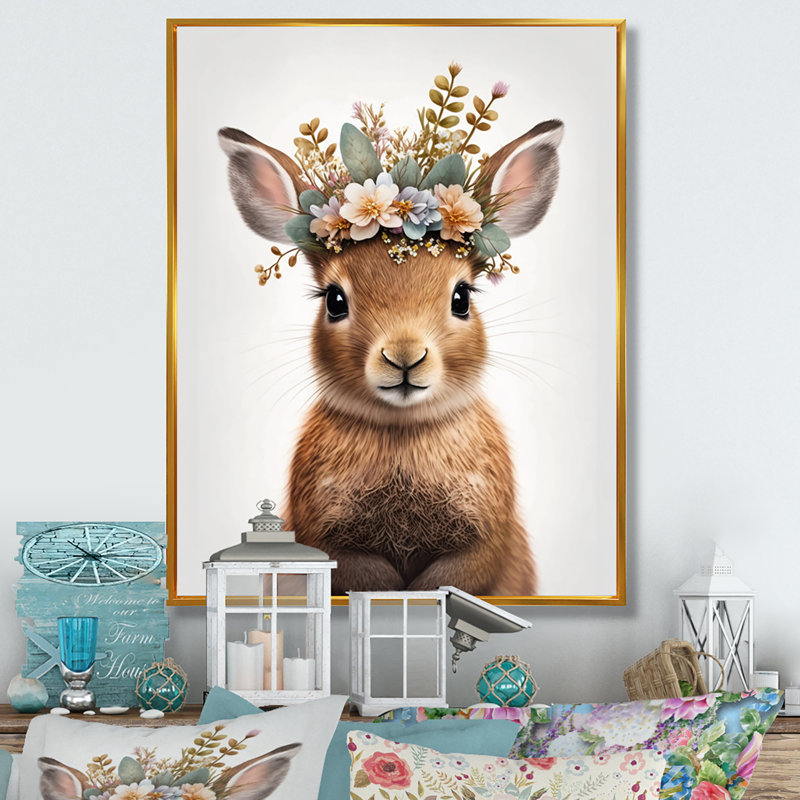 Adorable bébé lapin avec couronne florale I - reproduction d'art sur toile, H 32 po x l 24 po x P 1 po