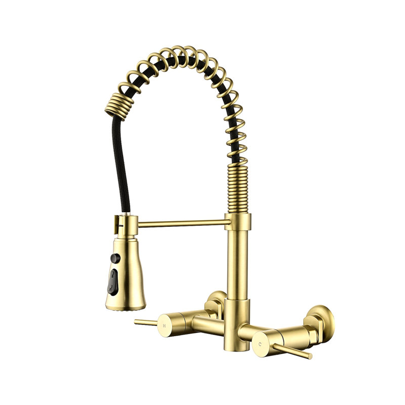 3 Functions Wall Mounted Bridge Kitchen Faucet, 1.75GPM, Brushed Gold